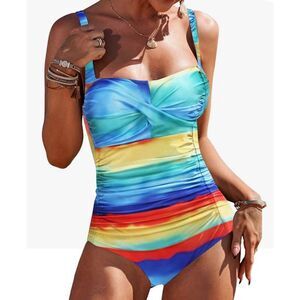 Ekouaer Swimsuit Large NWT Tie Dye Ruched Front One Piece Adjustable Straps